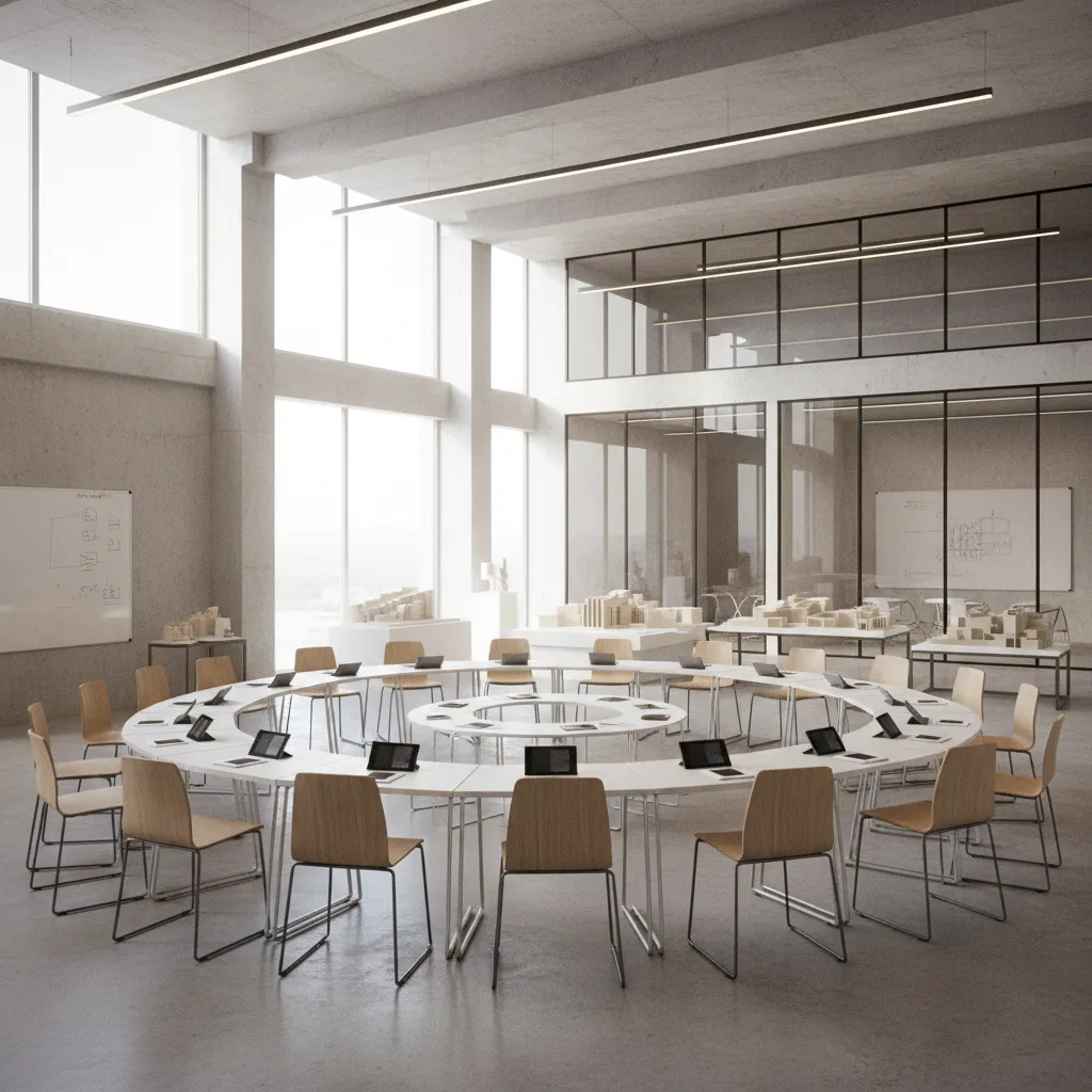 Bright modern room with large circular white table wooden chairs laptops and glass wall layout
