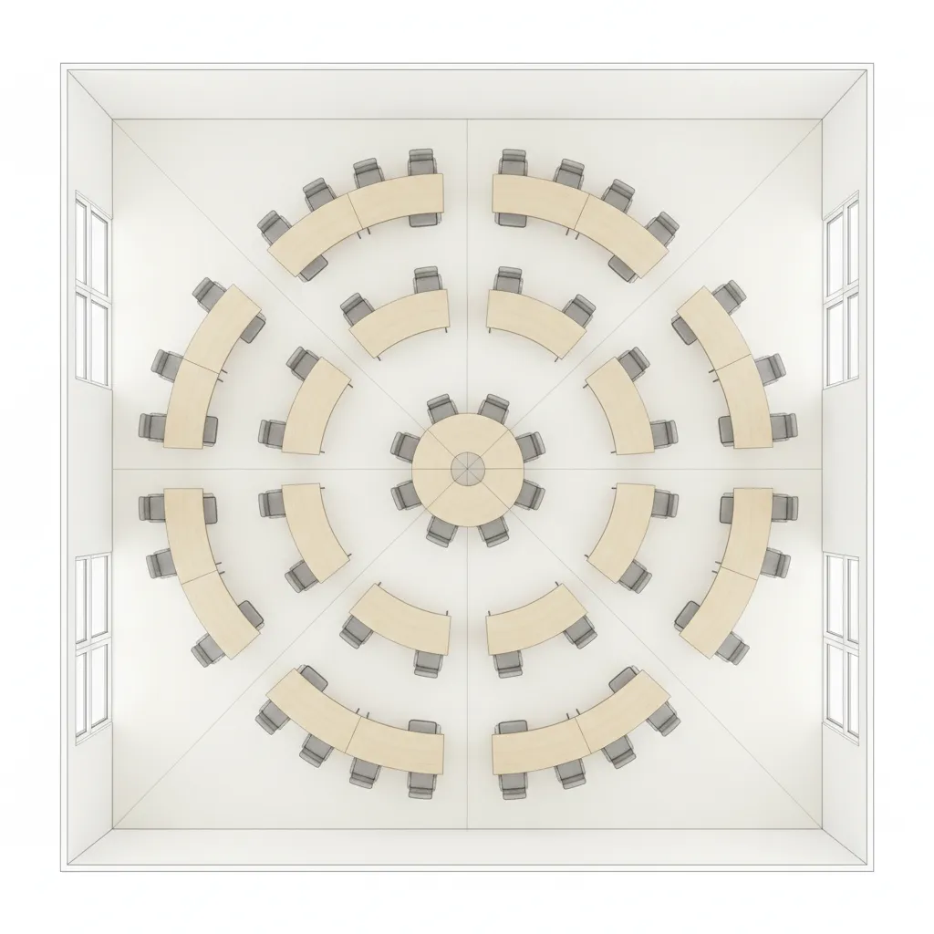 Top down interior design drawing of circular classroom layout with many desks and side windows
