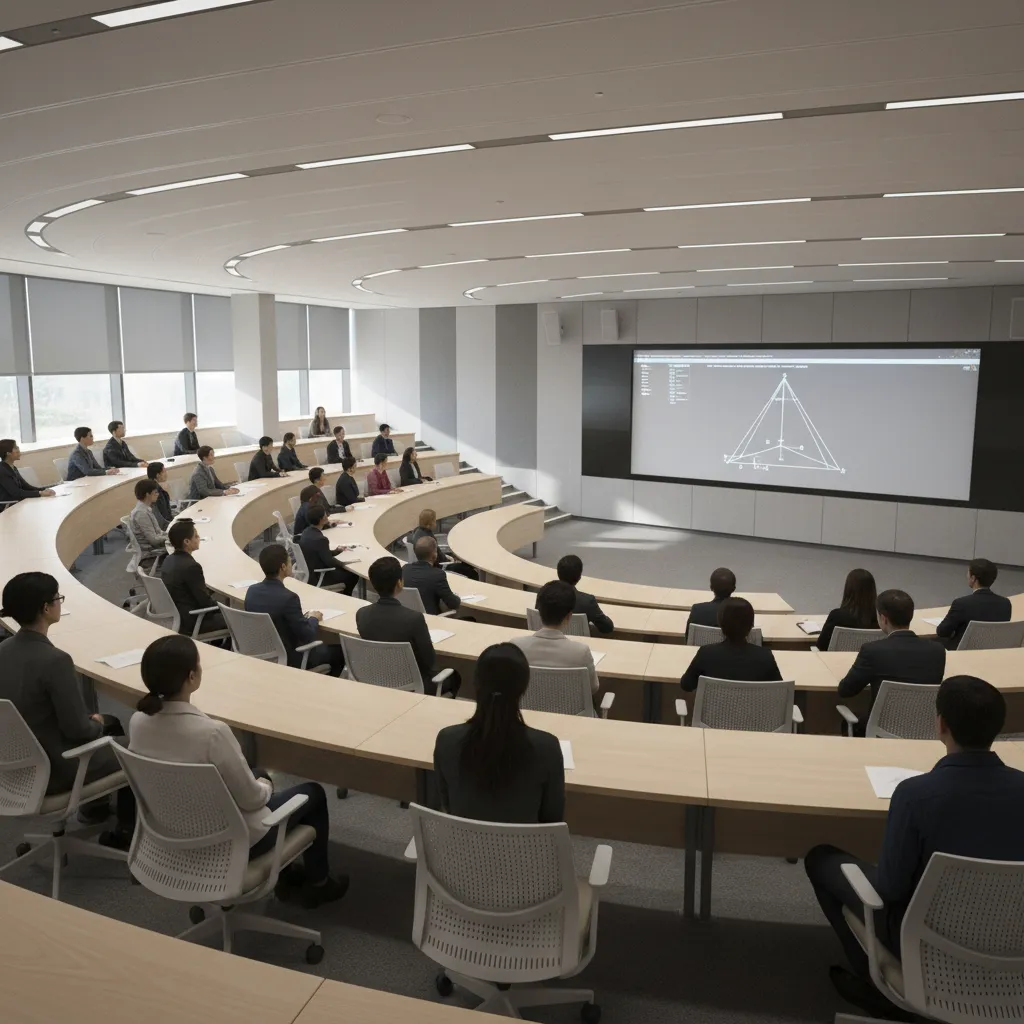 Modern classroom with students sitting at curved desks watching a large screen showing a drawing