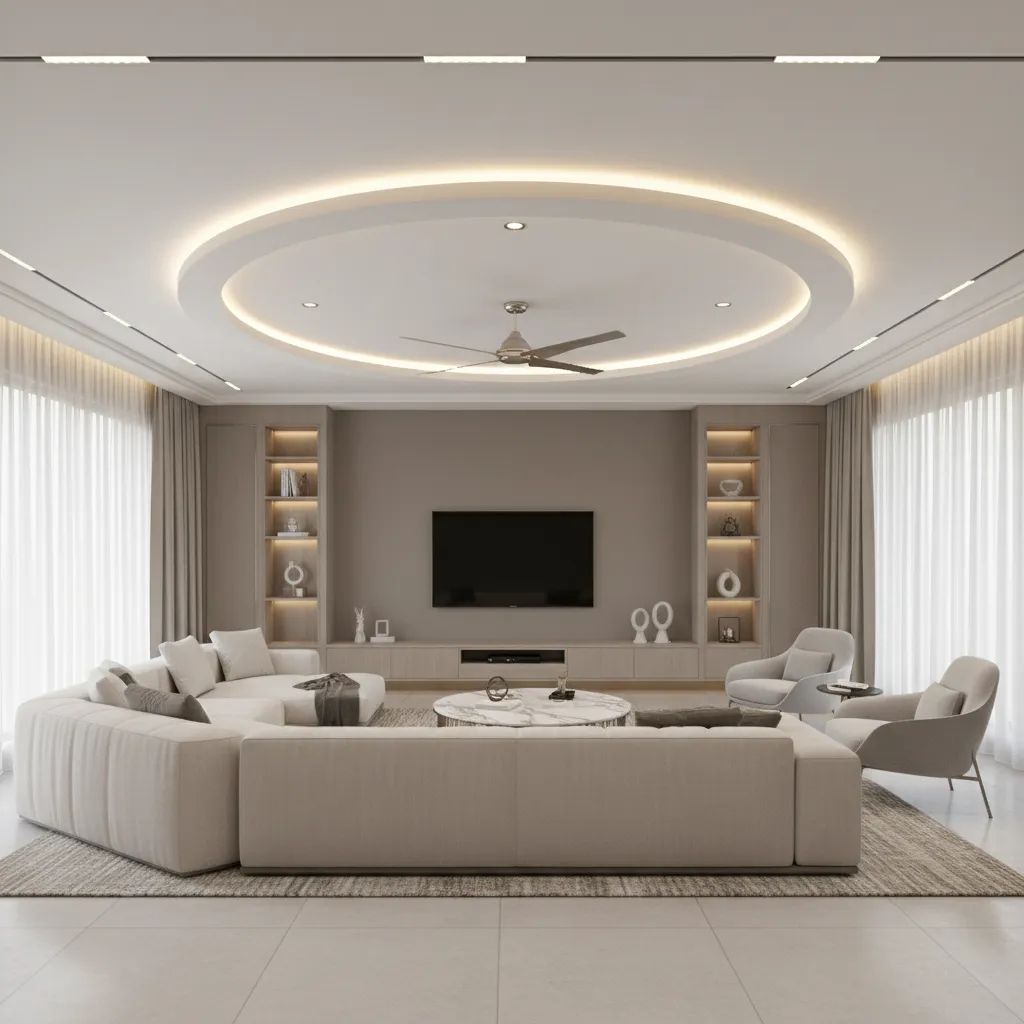 Modern living room with beige sofa marble coffee table and circular ceiling with a ceiling fan