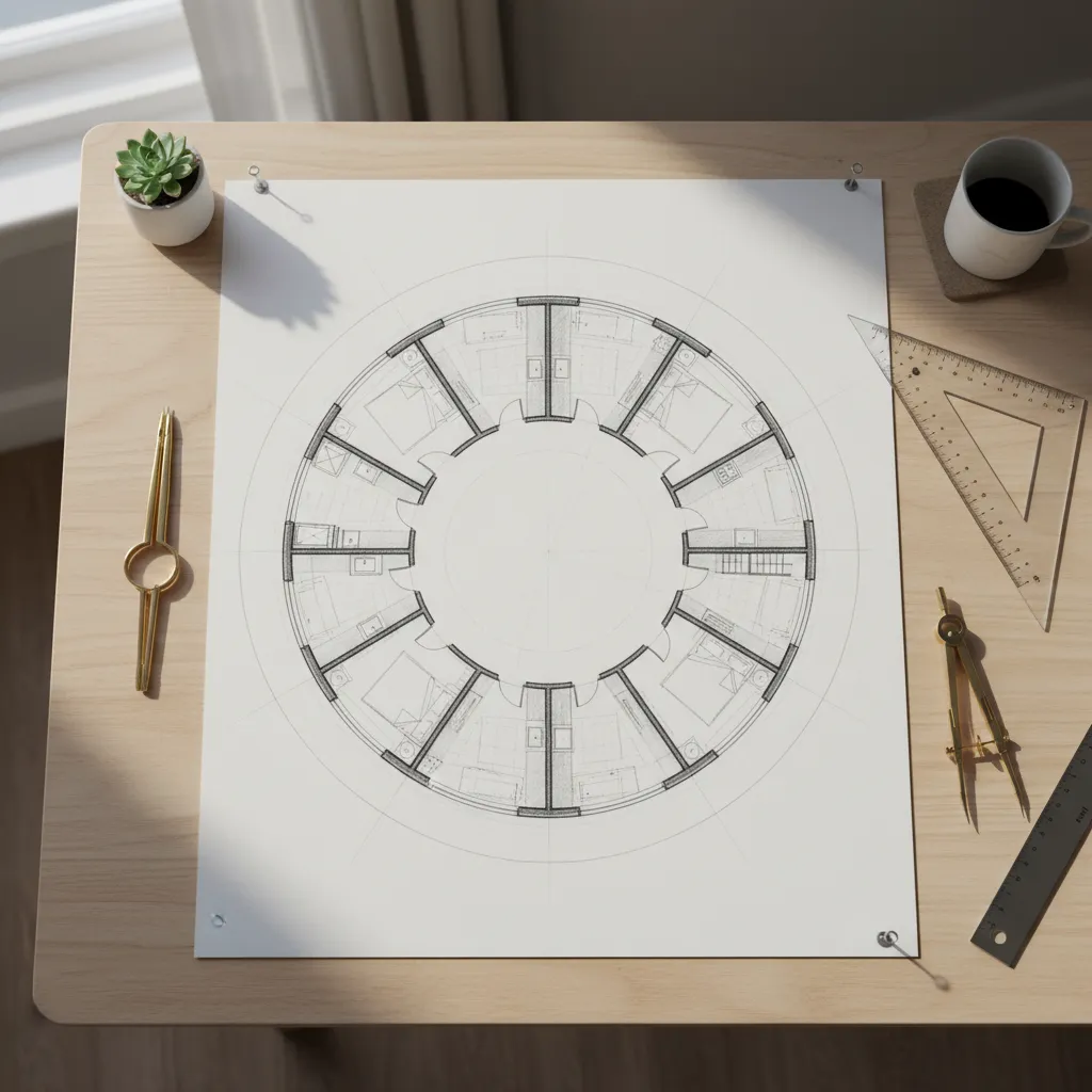 Architectural sketch showing circular house floor plan layout with radial rooms
