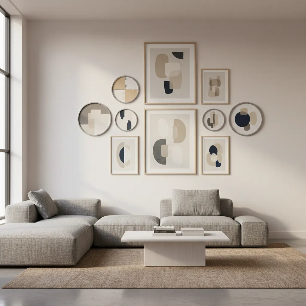 Gallery wall combining circular and rectangular framed artwork
