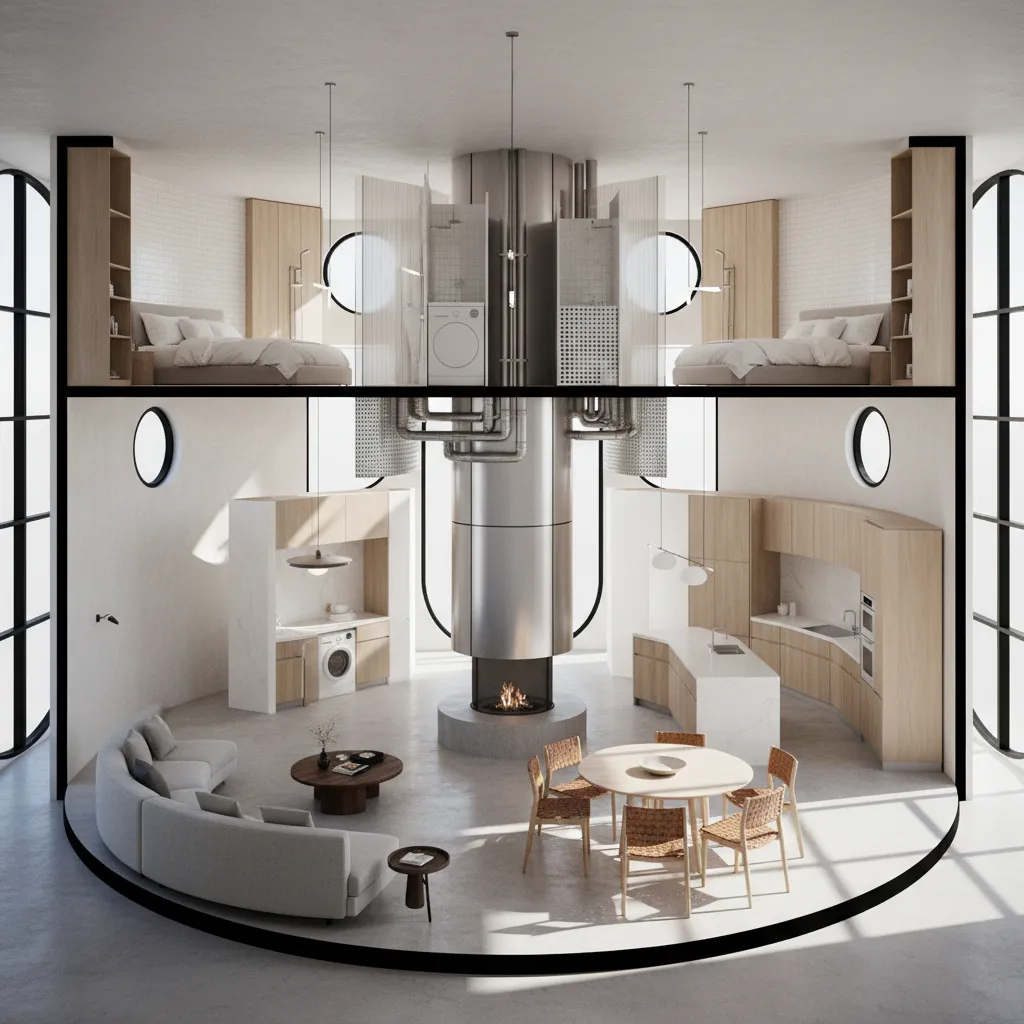 Interior architectural cutaway showing central service core in a circular home