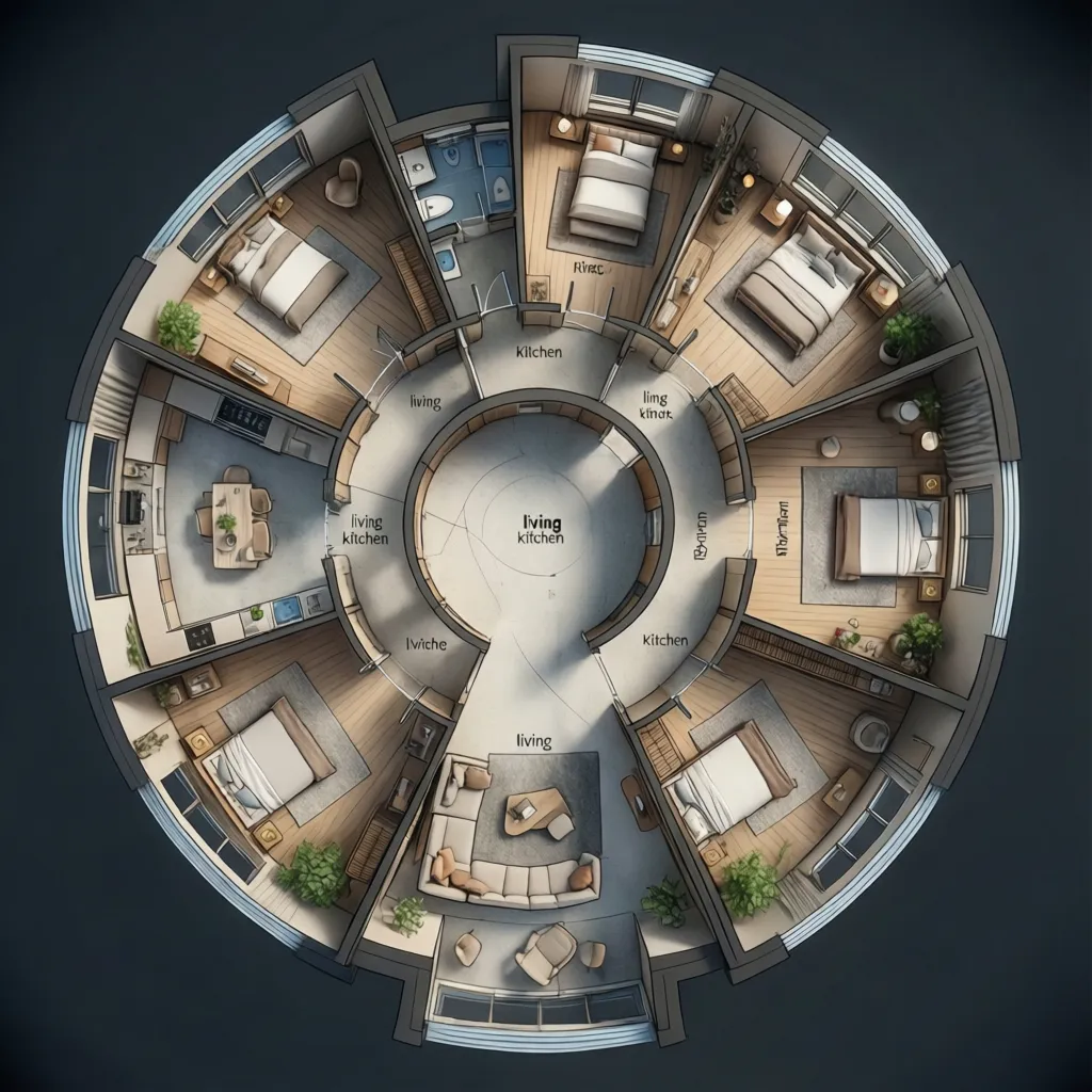 Top view diagram style interior showing radial zoning in a circular house
