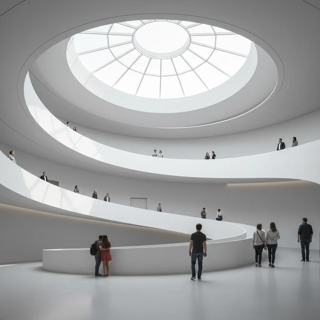 large circular museum atrium with spiral ramp and skylight