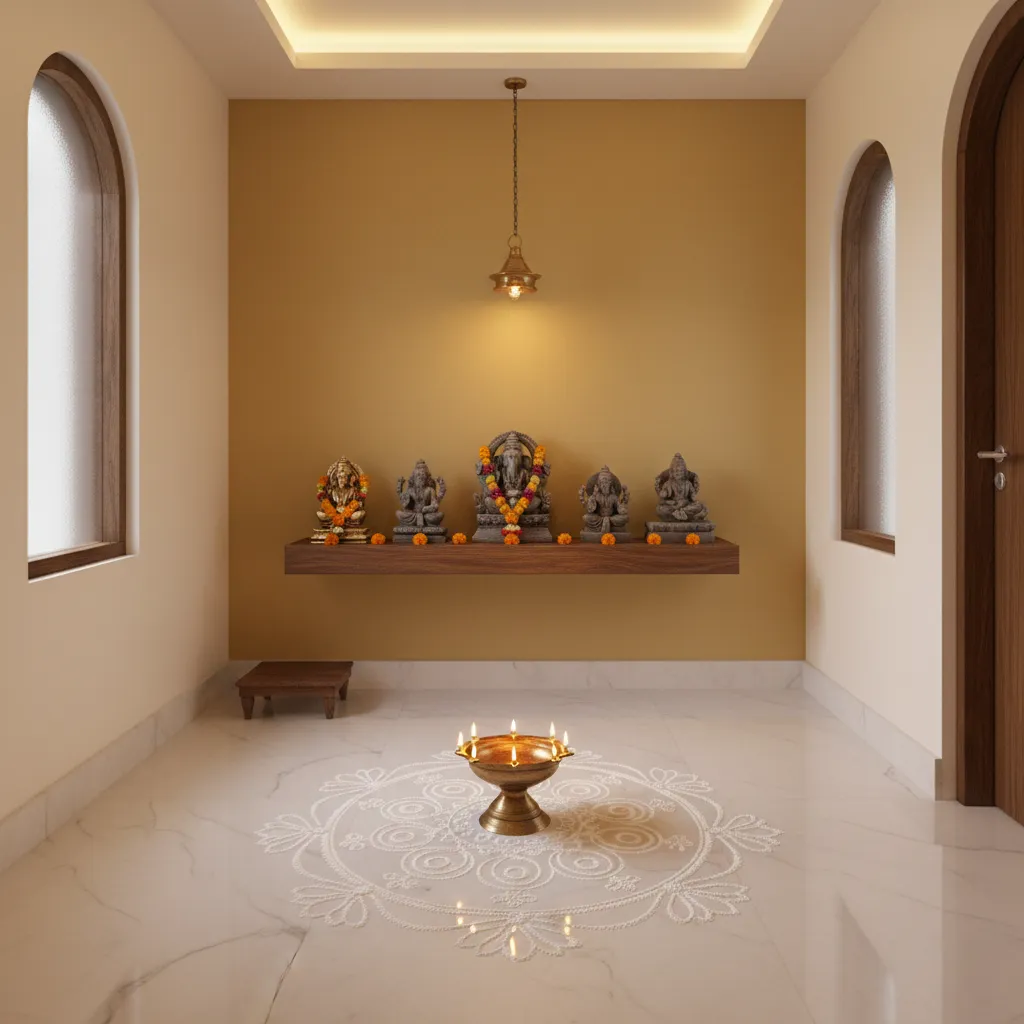 circular kolam design in small pooja room creating centered sacred space