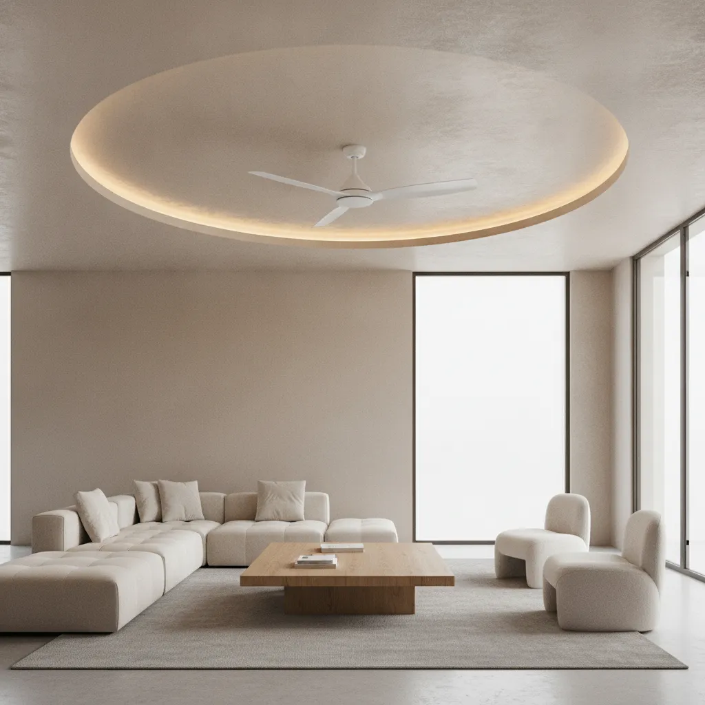 Circular POP ceiling design framing a ceiling fan in a modern living room