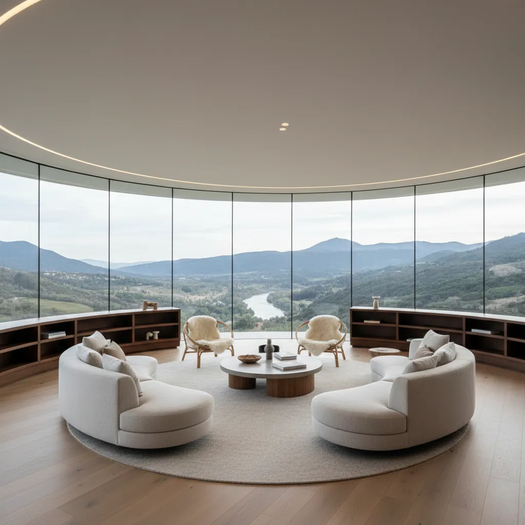 modern circular house interior with panoramic windows and central living room