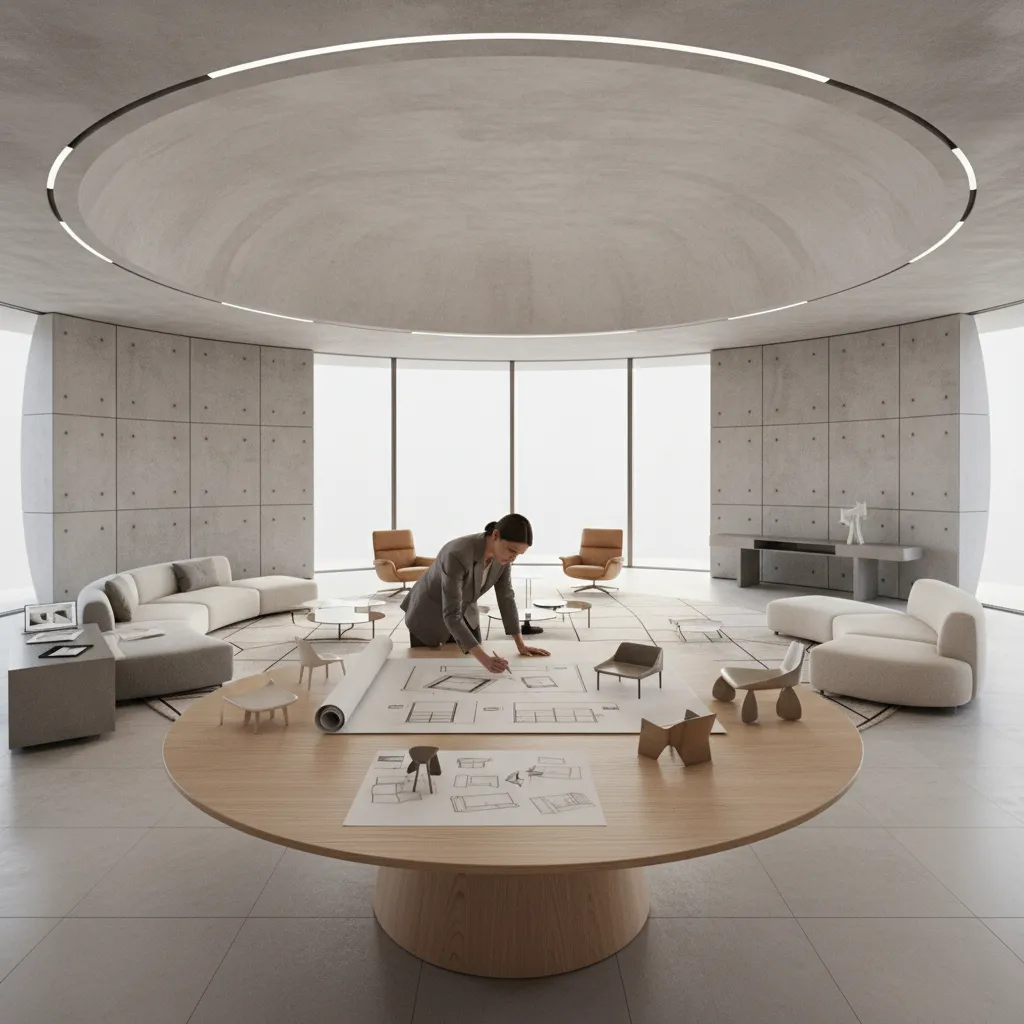 Interior designer planning furniture placement inside a circular room