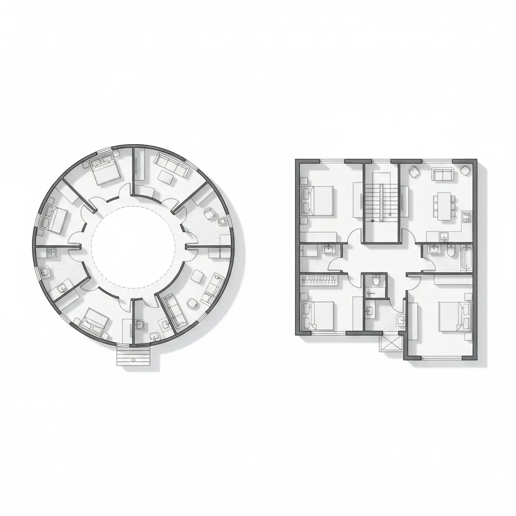 Top view comparison of circular building layout and rectangular house floor plan