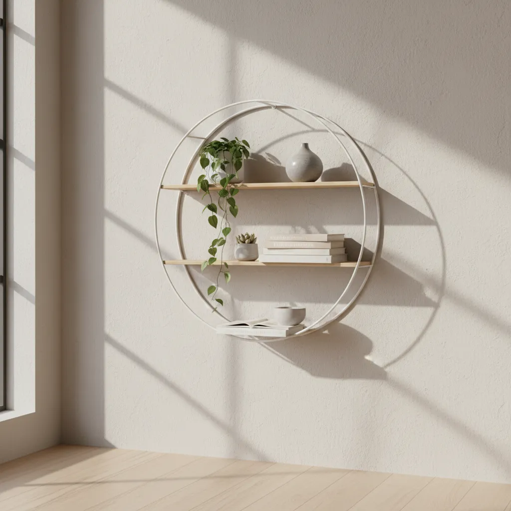 Decorative circular wall shelves holding plants and books