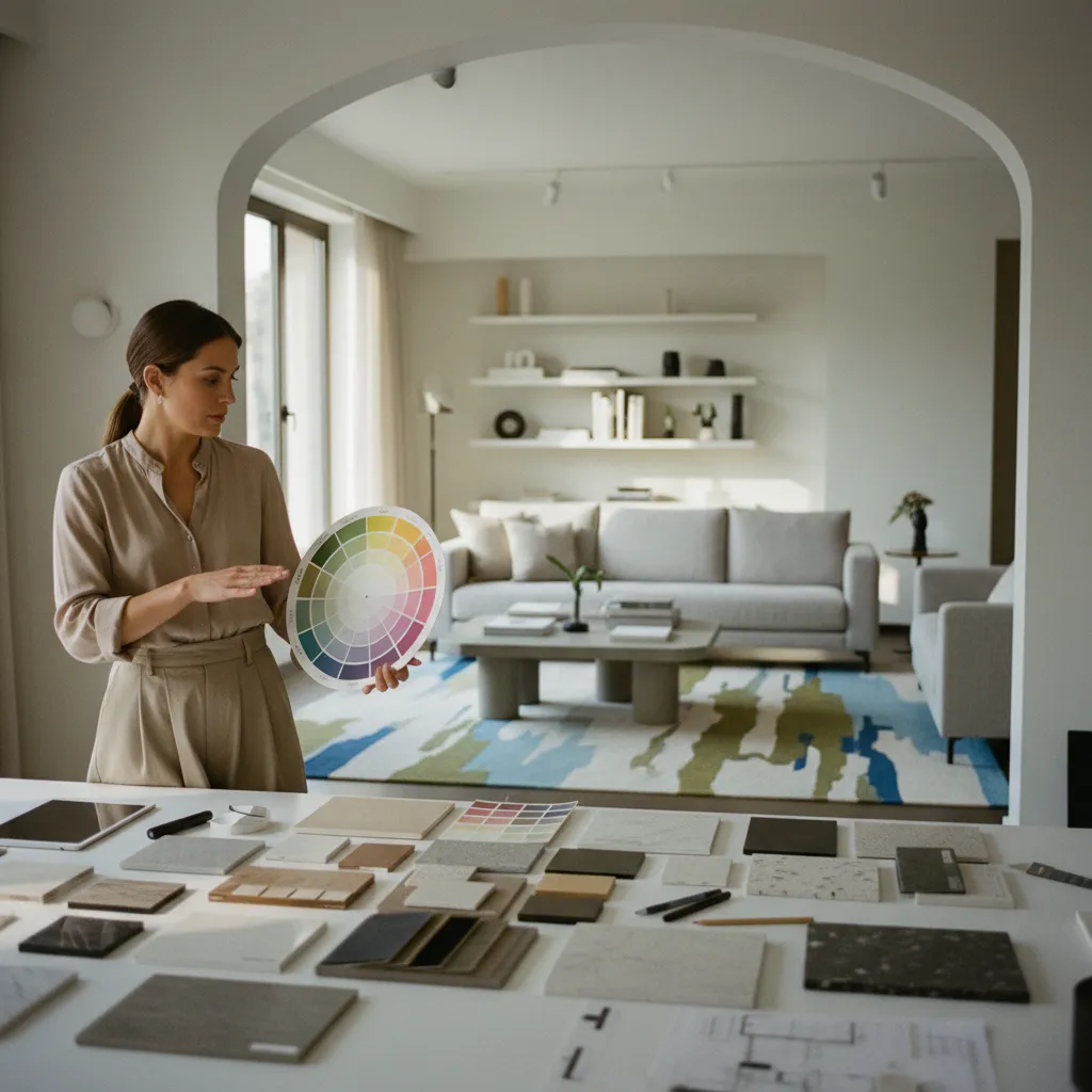 Female designer holding color wheel with material samples on table and living room in background