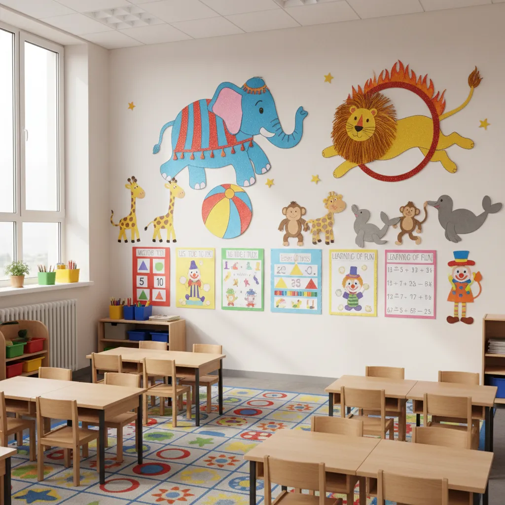 Large colorful circus animal cutouts displayed on classroom wall