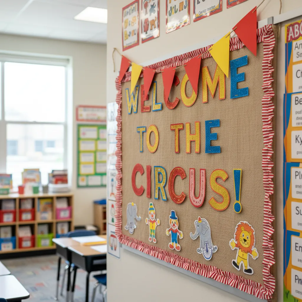 DIY circus classroom banner made from red and yellow paper pennants