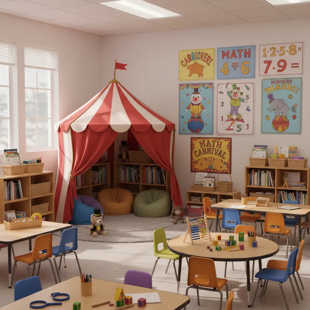 Circus themed classroom reading and learning stations with big top decor