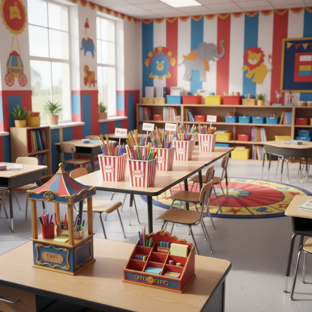 circus themed classroom storage using popcorn buckets and ticket booth organizers