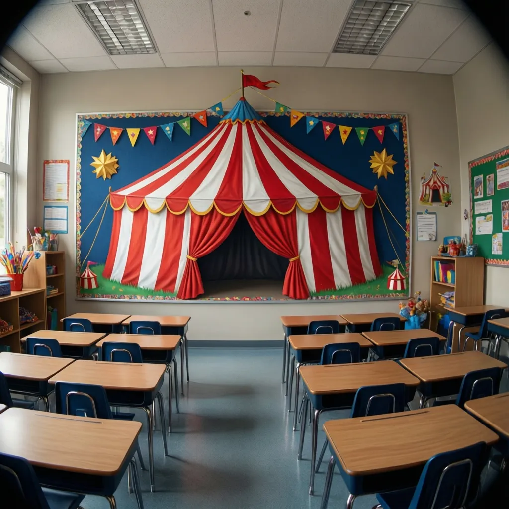 circus theme classroom focal wall with tent bulletin board and organized decorations
