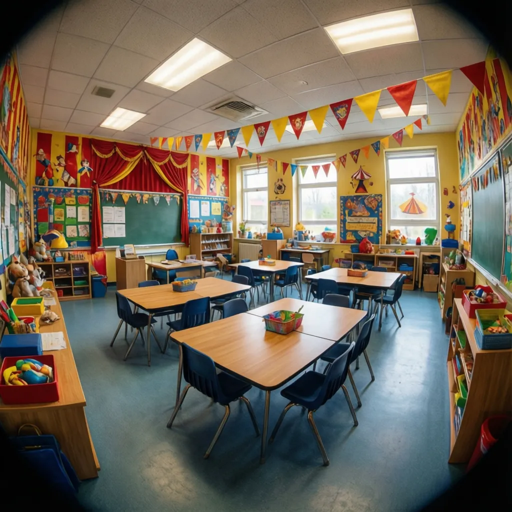 Elementary classroom decorated with circus theme colors and handmade banners