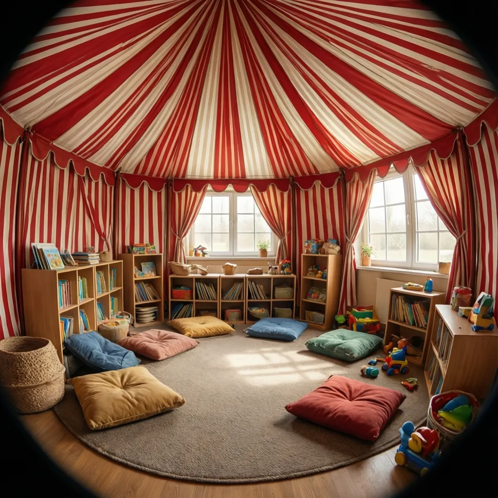 Circus tent reading corner with red and white striped fabric and floor cushions