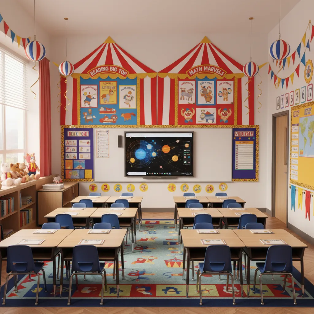 Elementary classroom decorated with circus themed bulletin boards and red striped decor