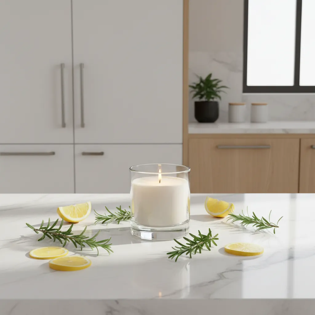 lemon rosemary candle on kitchen countertop representing fresh kitchen scents