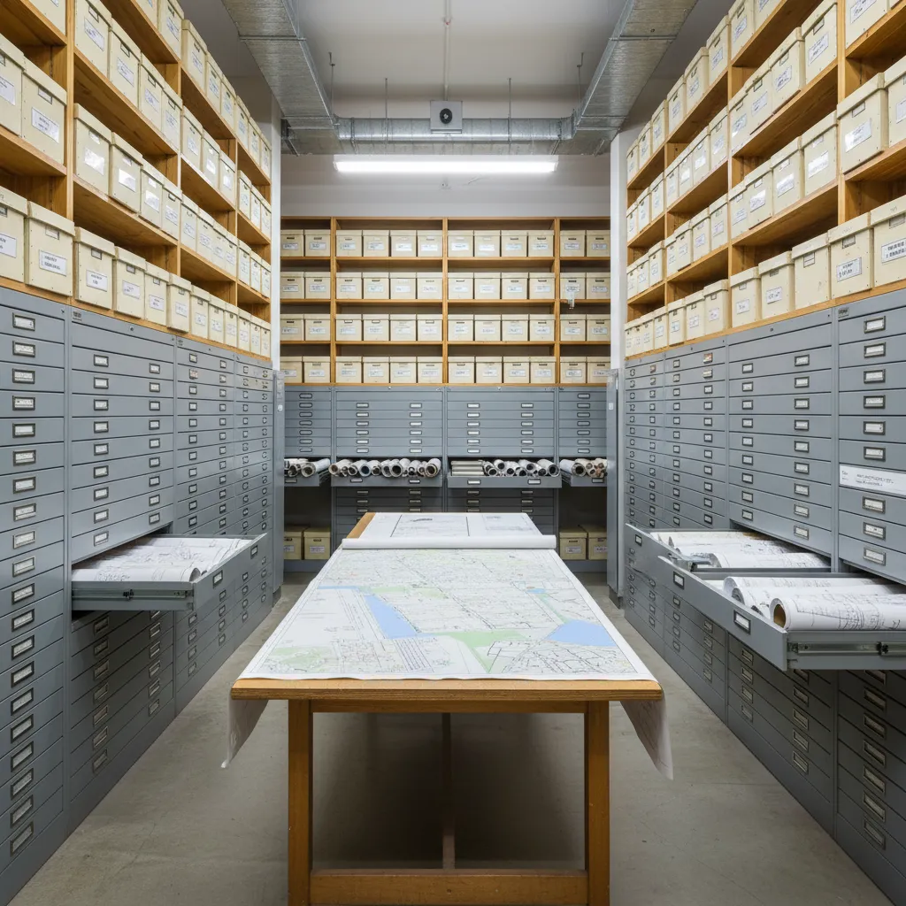 municipal archive room storing paper building floor plan records