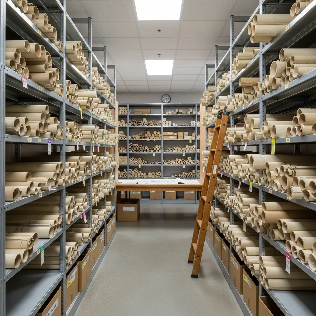 municipal building department archive with shelves of rolled architectural drawings