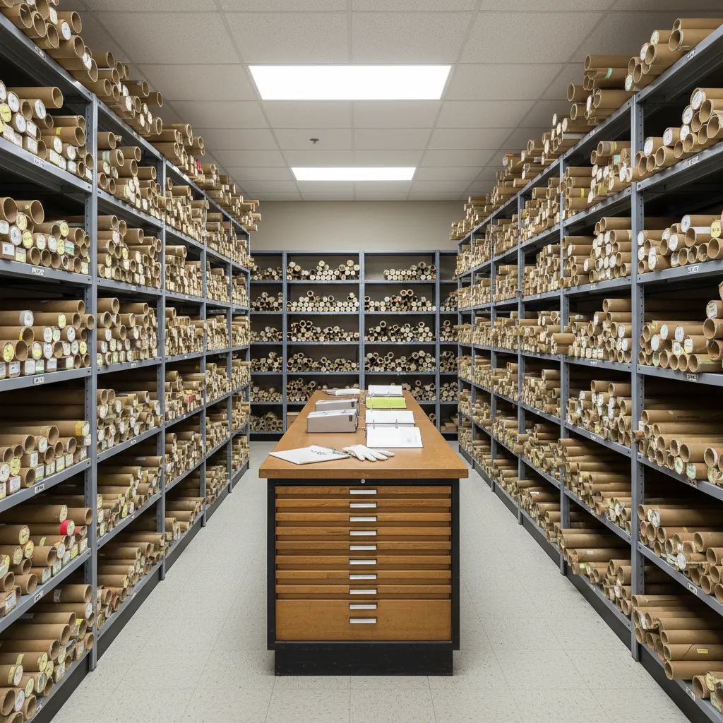 Municipal building department archive room with shelves of rolled architectural plans