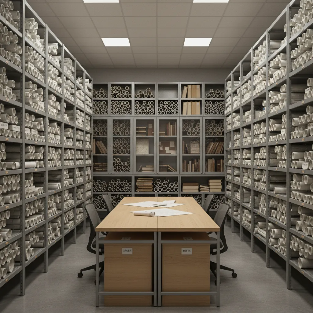 Municipal building department archive storing rolled construction plans