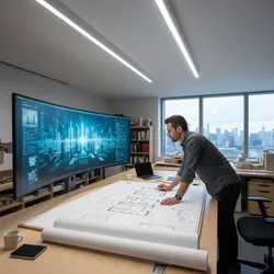 Professional designer reviewing floor plan on desk with large digital city view on curved monitor