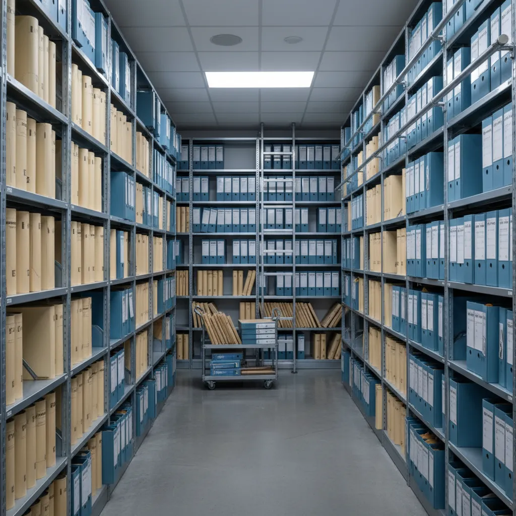 city planning archive room with shelves of architectural drawings