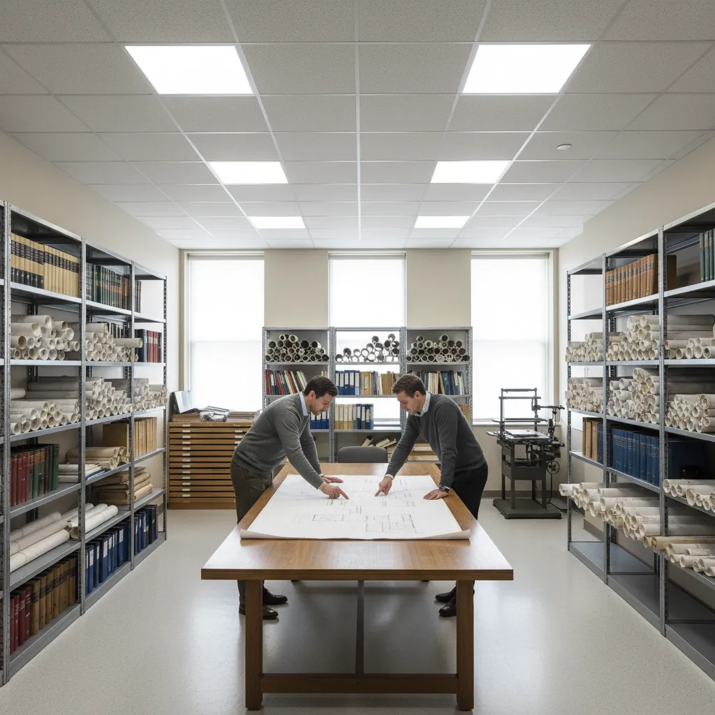 city building department archive reviewing construction drawings