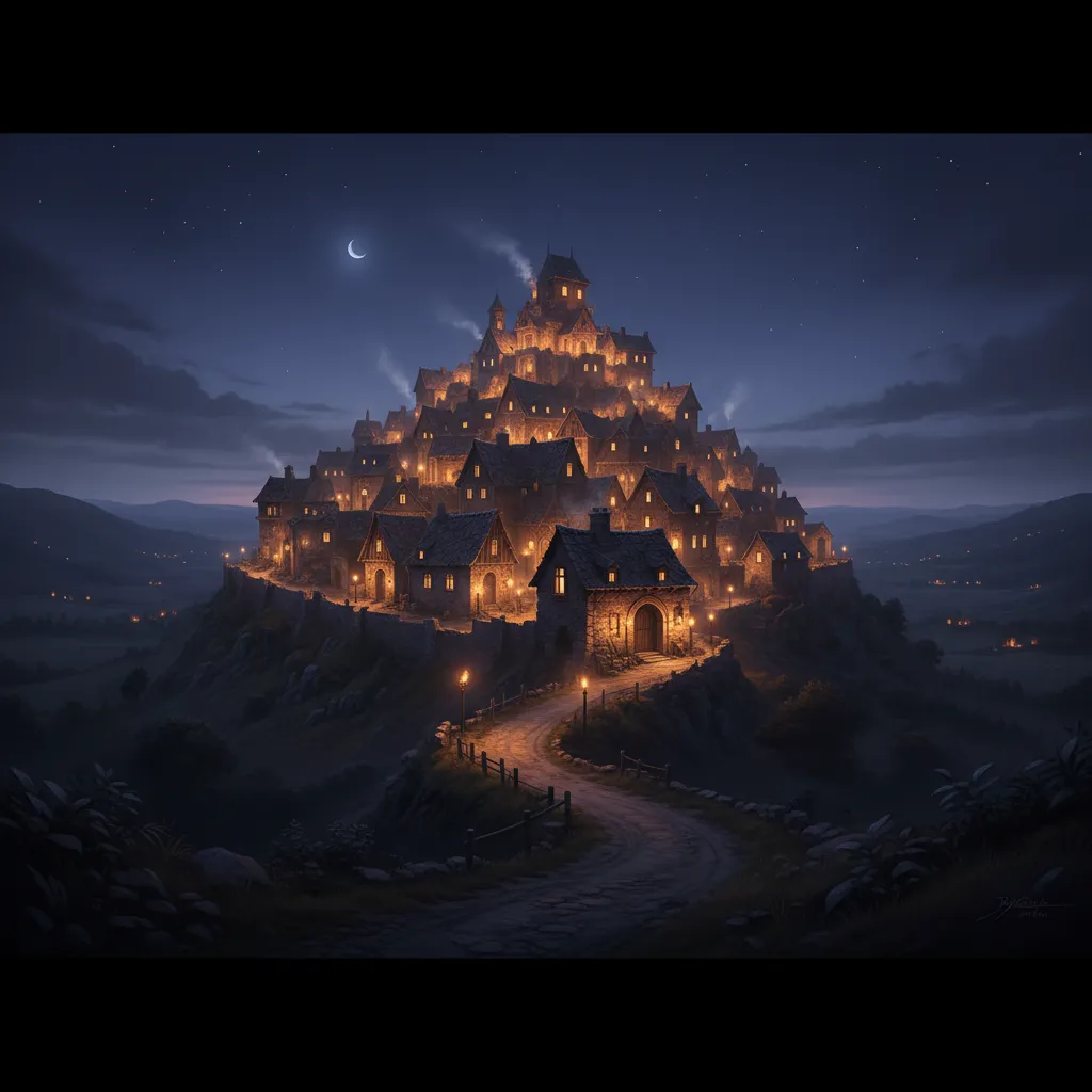 Ancient city on a hill at night glowing with lamps visible from surrounding countryside
