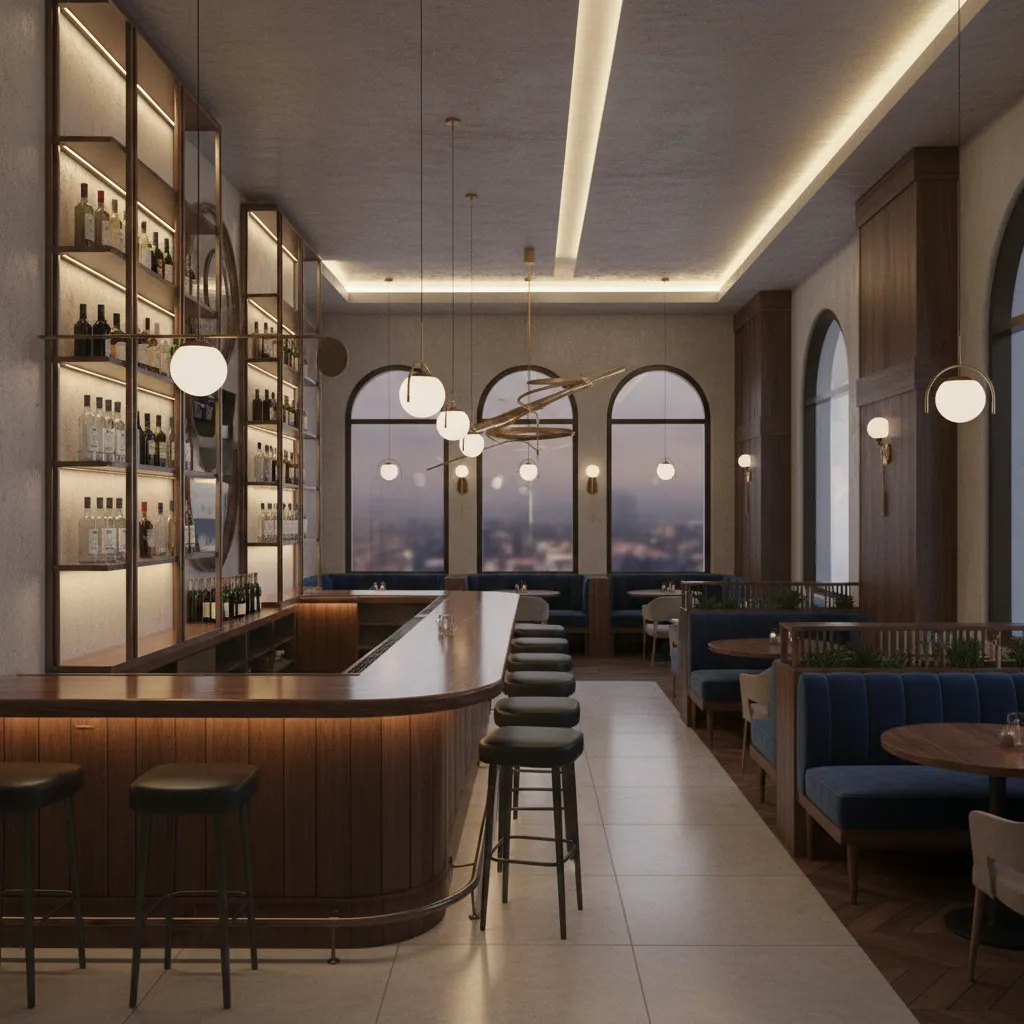Stylish bar area with stools and warm lighting at City Perch style restaurant