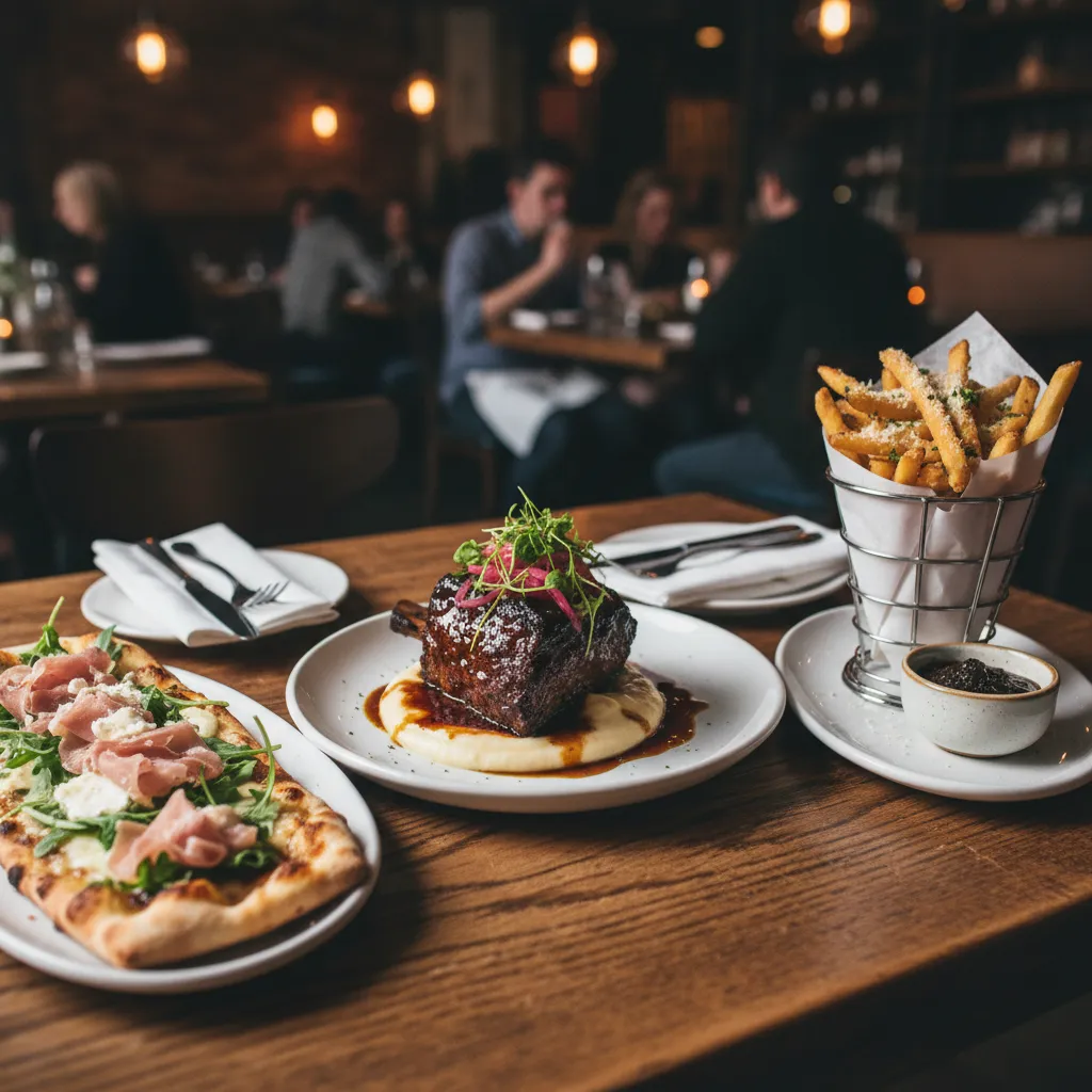 Modern American restaurant dishes served on wooden table