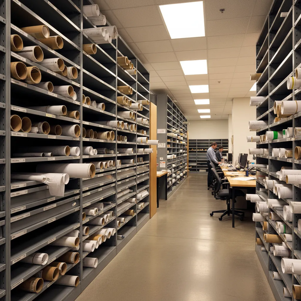 city planning department archive room with architectural drawings and floor plan documents