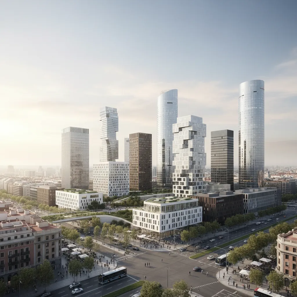 Vista urbana moderna de Madrid con arquitectura contemporánea