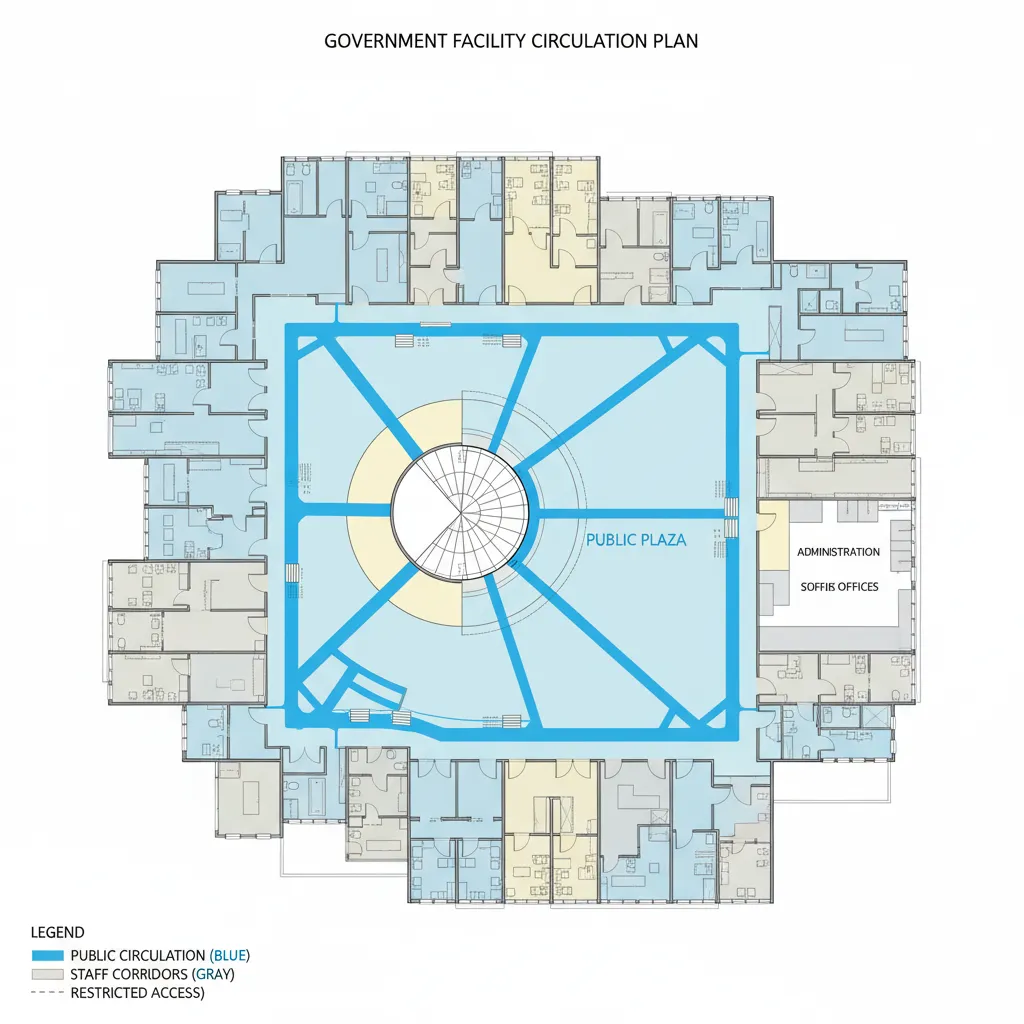 architectural diagram showing public and staff circulation zones in a government building