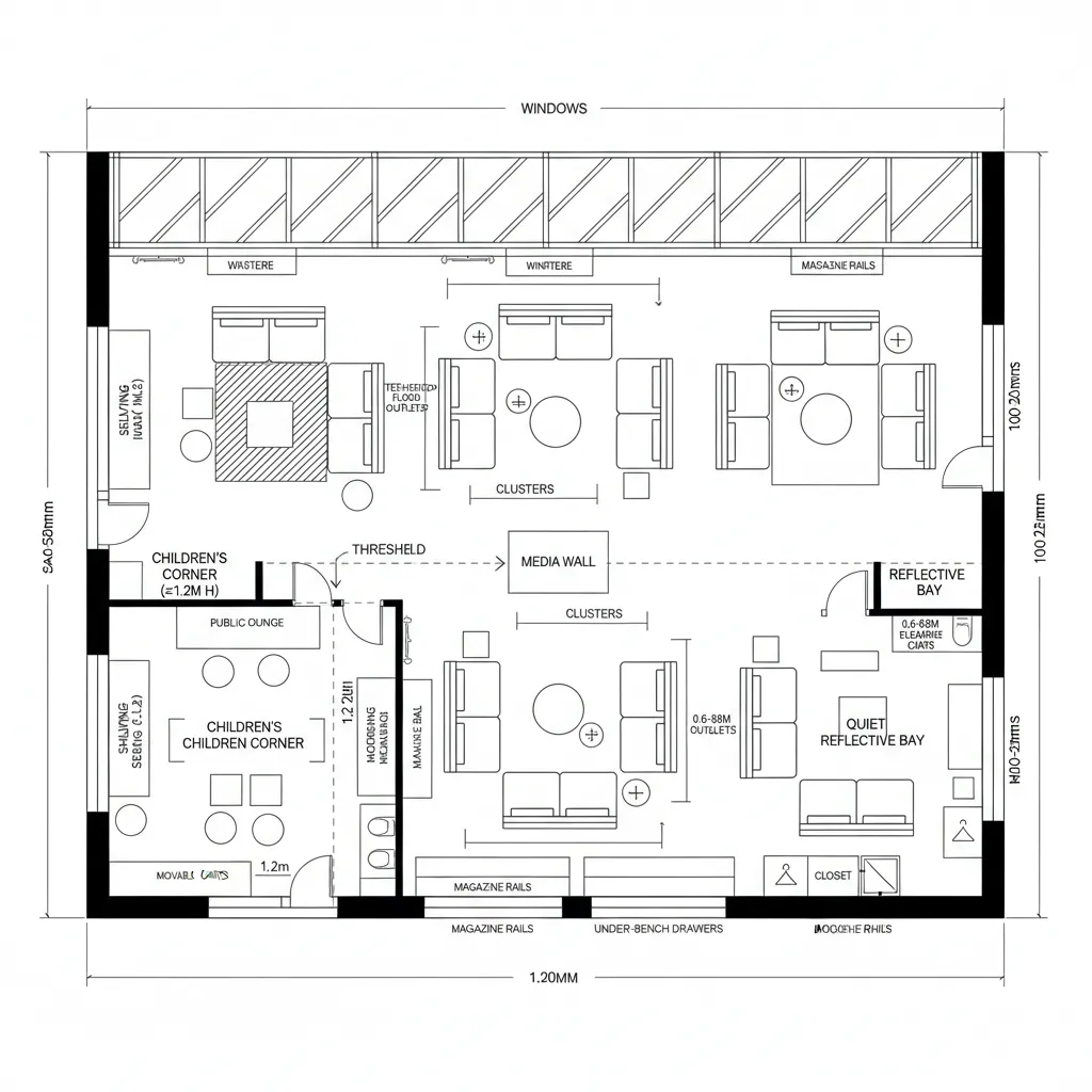 Top-down floor plan of a civic living room with clusters, children’s corner, and reflective bay