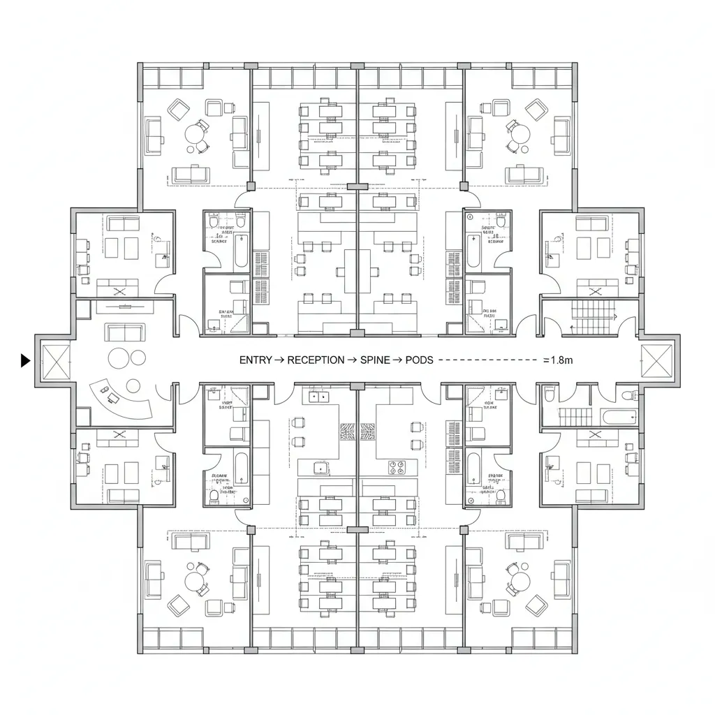 Top-down CAD plan showing a central spine with modular pods, archives, and shared resources