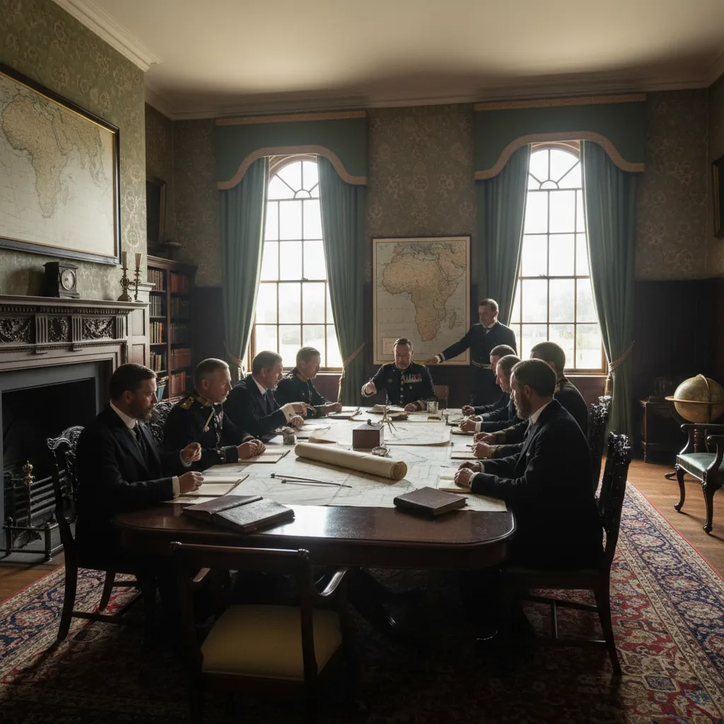 Strategic meeting between civil officials and military officers in colonial office