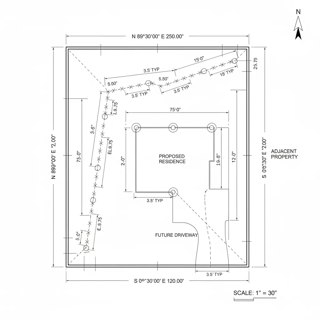 civil engineering site plan showing measured fence boundary lines