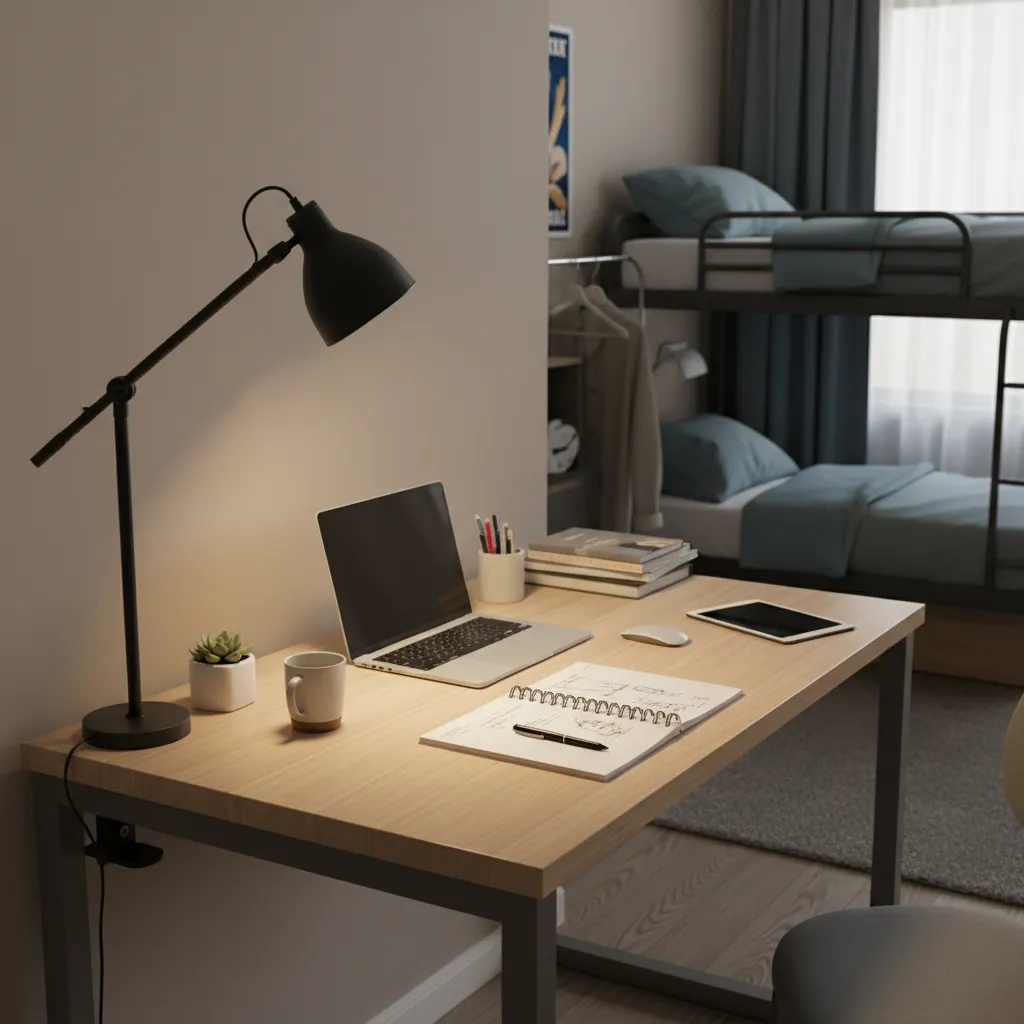clamp desk lamp mounted on small dorm desk with laptop
