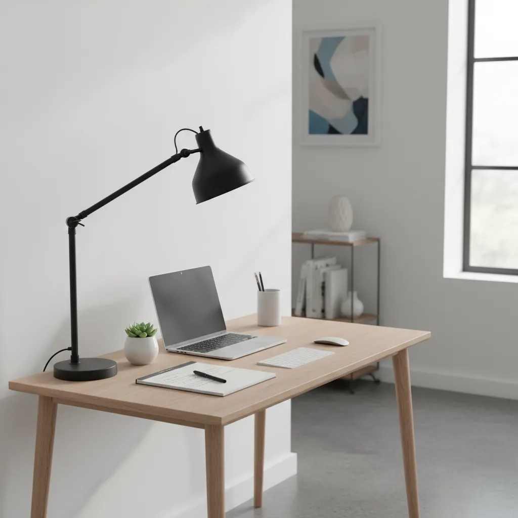 Clamp mounted desk lamp attached to desk edge saving workspace area