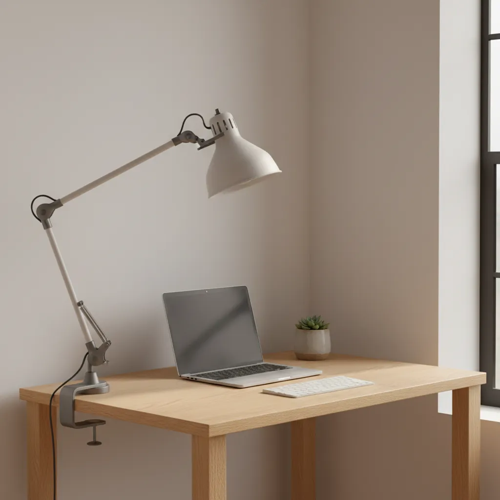 Clamp desk lamp mounted to edge of a small desk saving surface space