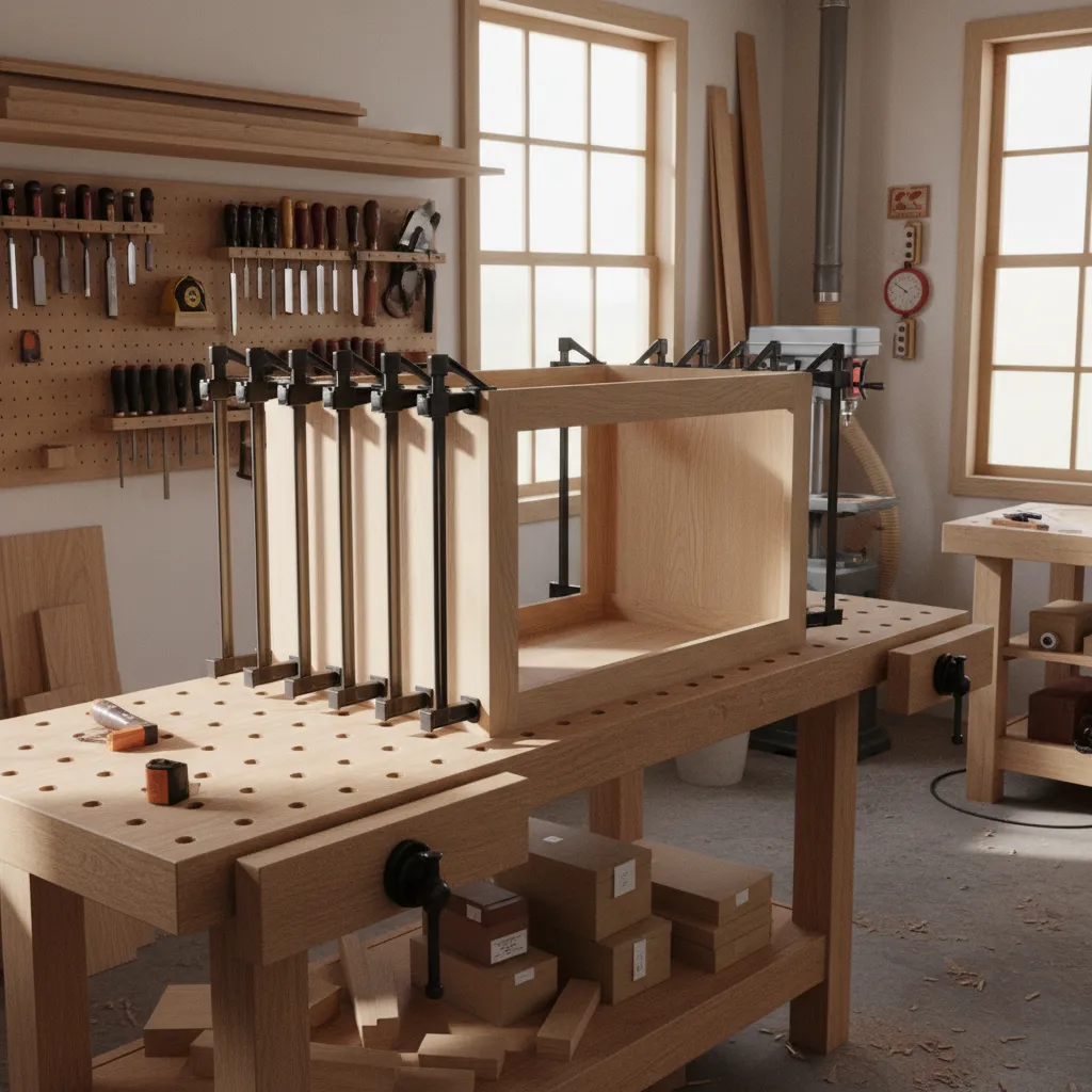 Multiple clamps holding cabinet frame together during glue curing