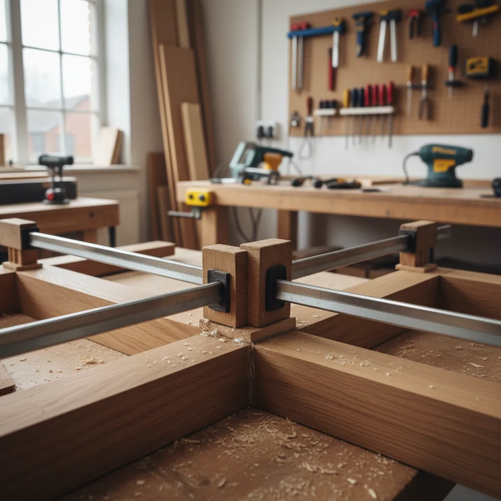 bar clamps securing glued cabinet frame joint during repair