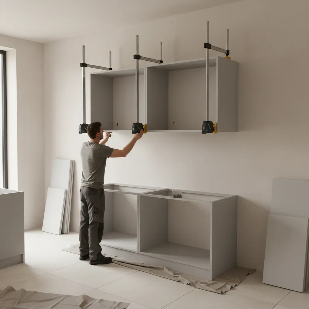 two kitchen wall cabinets clamped together before screwing into studs