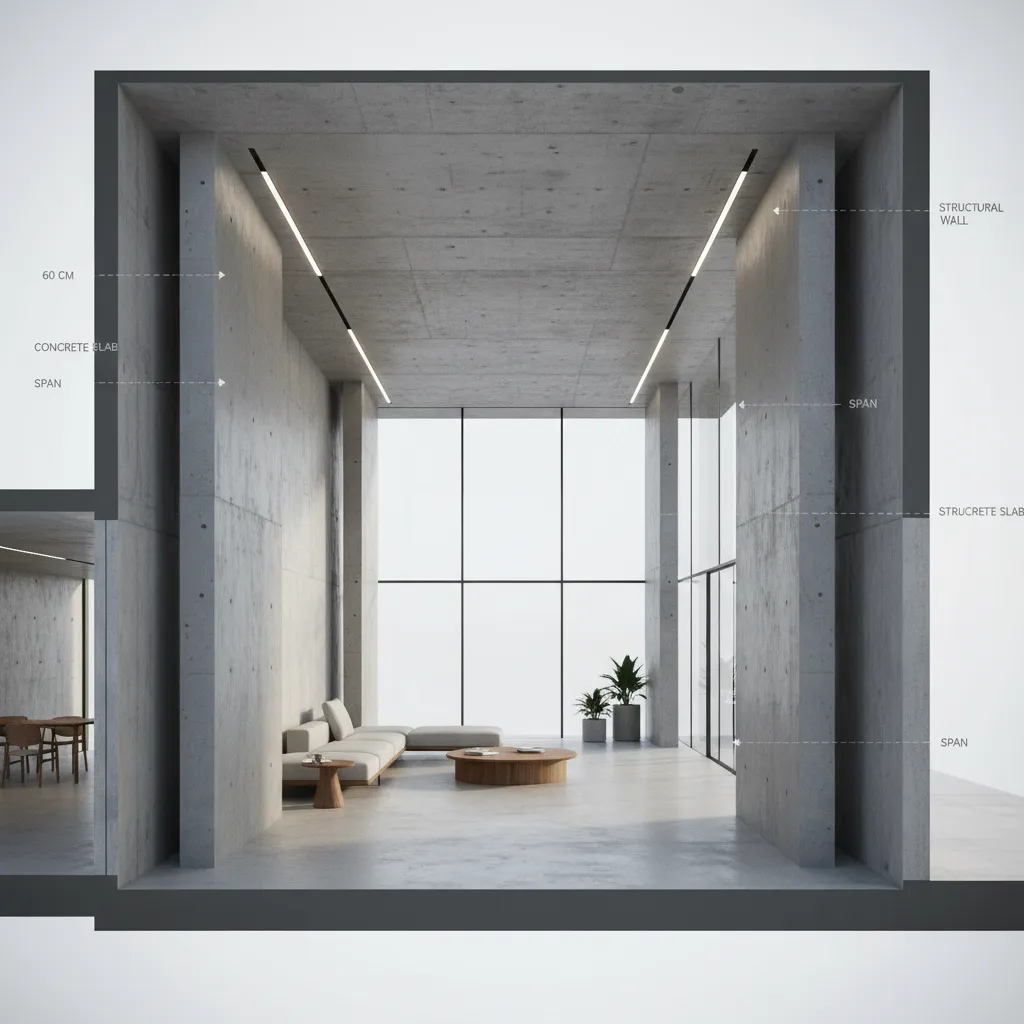 Visualización arquitectónica mostrando el claro estructural entre muros en una vivienda
