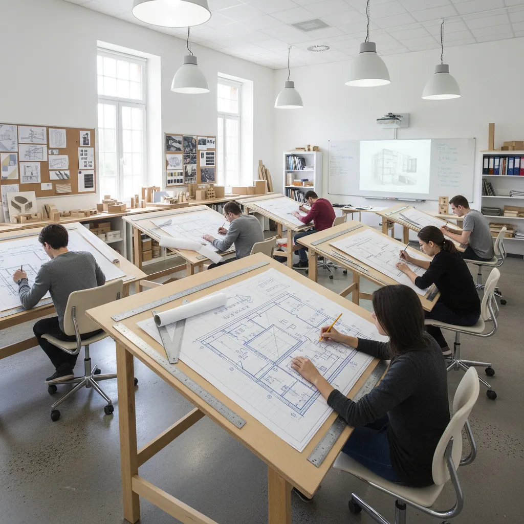 Estudiantes aprendiendo dibujo técnico de interiores con planos y reglas